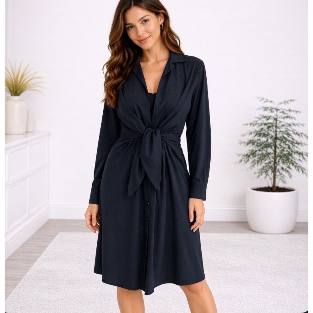 SBJ Austin Tie Front Dress 2 Navy Cotton Blend Long Sleeve Pockets Minimalist